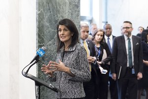 On her first day at the United Nations, Nikki R. Haley, the new United States Permanent Representative to the UN, speaks to journalists before presenting her credentials to Secretary-General António Guterres, 27 January, 2017.