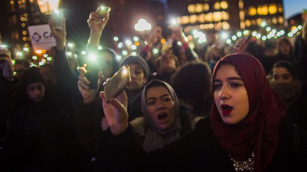 Muslim women during a New York protest against President Donald Trump's order banning refugees and visitors from some ...