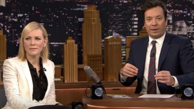 Cate Blanchett appearing on <em>The Tonight Show with Jimmy Fallon</em>.