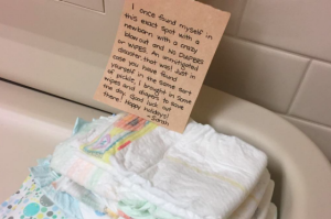 Mum, Sarah, pays it forward with bathroom nappies and wipes in case of a "pickle".