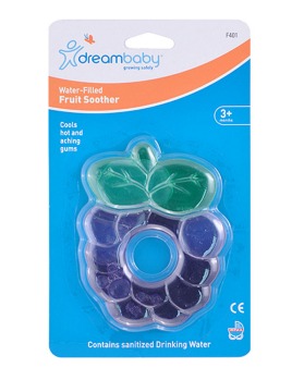 The Dream Baby Fruit Soother is filled with water for freezing to cool and relieve sore gums ($4.95)