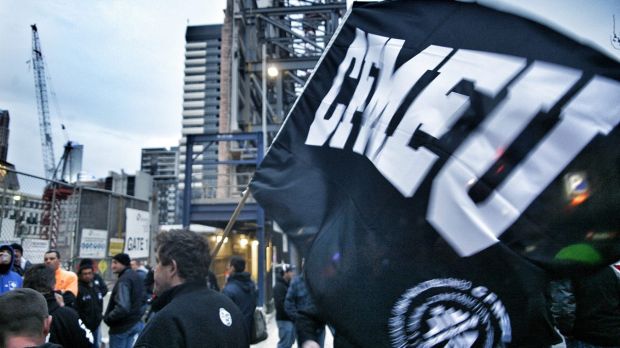 CFMEU members protest outside a construction site in 2012.