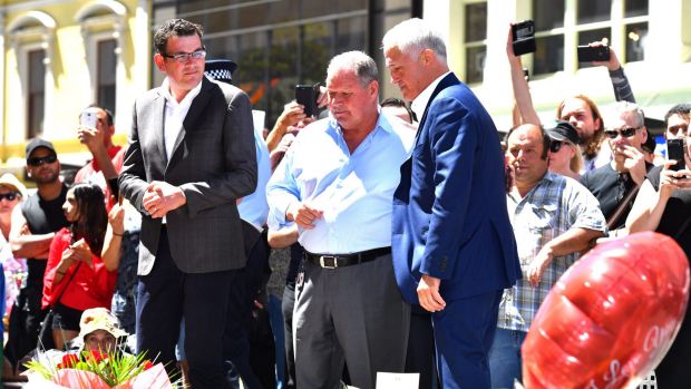 Premier Daniel Andrews (left), lord mayor Robert Doyle and Prime Minister Malcolm Turnbull in the Bourke Street Mall on ...