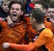 Joy for Wolves as Richard Stearman celebrates scoring his side's first goal against Liverpool.