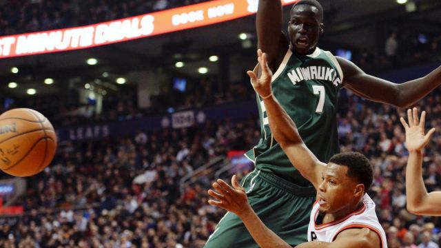 Uncertain future: Australian forward Thon Maker (7) playing for the Milwaukee Bucks in Toronto on Friday.