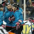 Happy Des: Giants players hail double strike by James Desmarais (third from left) in big win over Dundee Stars