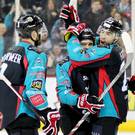 Top shot: Belfast Giants’ Alex Foster celebrates scoring against Braehead Clan during last night’s Elite League clash at the SSE Arena