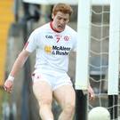 Peter Harte scores Tyrone's second goal in the Ulster Football Senior Championship Semi Final Replay at St Tiernach's Park, Clones. Photo: Andrew Paton/Presseye