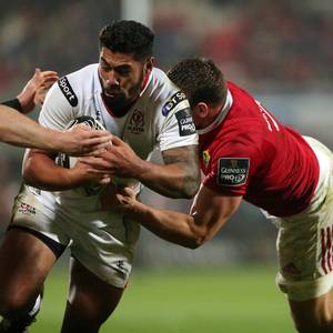 28 October 2016 - Picture by Darren Kidd / Press Eye. Ulster v Munster at Kingspan Stadium, Belfast.
Ulster's Charles Piutau is tackled by Munster's Tommy O'Donnell