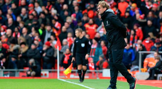 Jurgen Klopp on the touchline during Liverpool's defeat to Wolves. Pic: Peter Byrne/PA Wire.