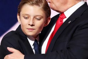 Donald Trump embraces his son Barron Trump after he delivered his speech on the fourth day of the Republican National ...