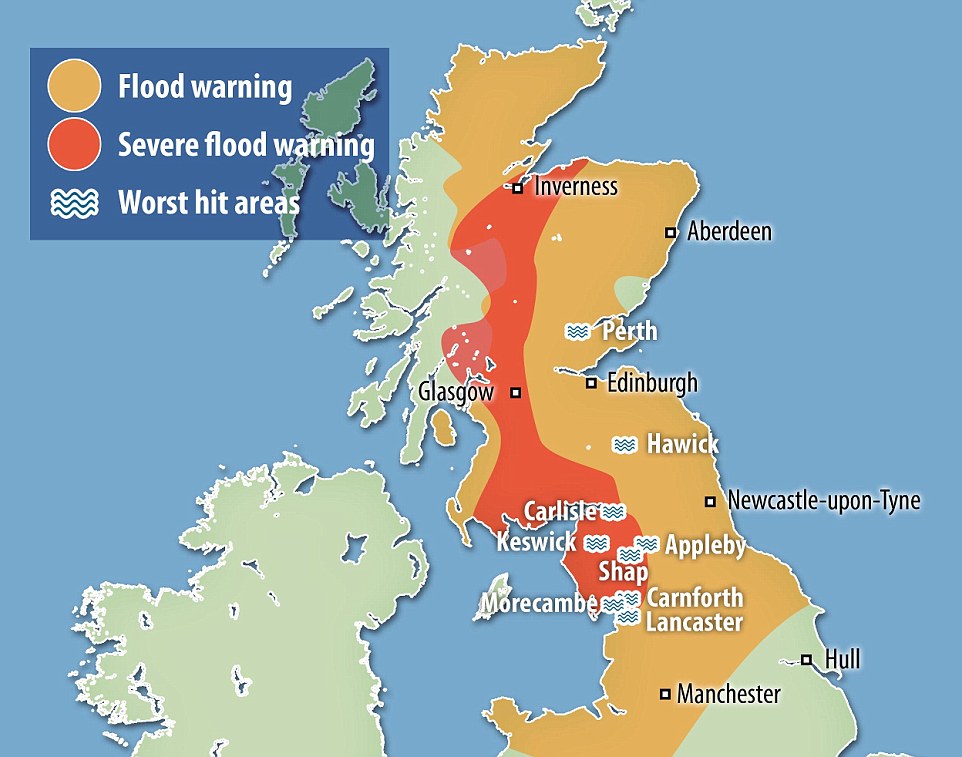 The areas most badly hit by the flooding so far are Carlisle, Keswick, Appleby and Shap in Cumbria, Morecambe, Carnforth and Lancaster in Lancashire and Hawick and Perth in Scotland (pictured)