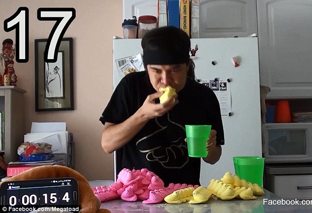 Just 15 seconds in, competitive eater Matt Stonie has already consumed 17 marsmallow peeps