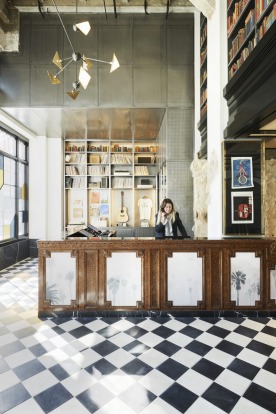 Chequered floorboards in the lobby of the Ace Hotel.