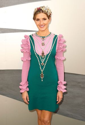 Kate Waterhouse in a pink and green Gucci dress on Melbourne Cup Day 2016.