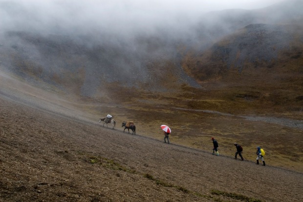A group of hikers, walk through a cloudy Nelyel pass along the Snowman trek in Bhutan.