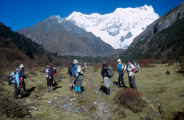 A group of trekkers on the Snowman Trek, Bhutan.