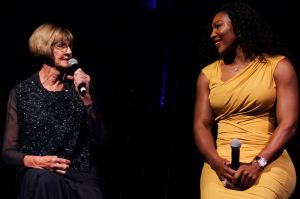 They'll never get my 64: Margaret Court, and with Serena Williams at the 2016 Hopman Cup Player Party.