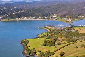 The Waitangi Treaty Grounds and the town of Paihia in the Bay of Islands, New Zealand.