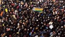 An aerial shot of protesters at JFK international airport protesting trump's ban on travel