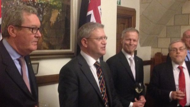 From left to right: Australia's High Commissioner to Britain Alexander Downer, Conservative MP Andrew Rosindell, New Zealand's High Commissioner to Britain Lockwood Smith and Labour MP John Spellar attend a cross party gathering at Westminster marking Australia Day and Waitangi Day.