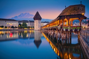 A twilight blue hour shows Lucerne in all its glory.