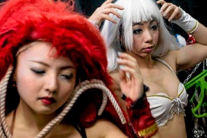 Performers change into their costumes backstage prior to the start of a show at The Robot Restaurant in Tokyo, Japan.