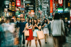 Japanese girls hanging out on Shibuya streets of Tokyo.