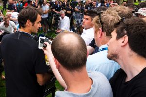 Pressing issue: The media were out in force to speak to Roger Federer om Monday.