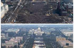 This pair of photos shows a view of the crowd on the National Mall at the inaugurations of President Barack Obama, ...