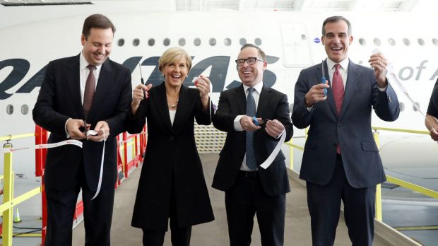 From left:  Steven Ciobo, Julie Bishop MP, Alan Joyce, and LA Mayor Eric Garcetti.