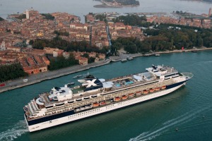 A Celebrity ship sails into Venice.