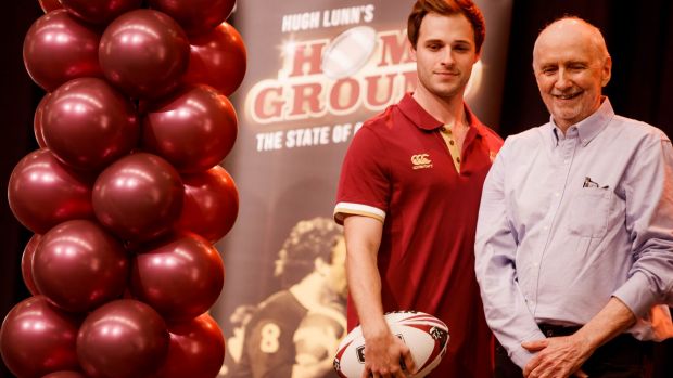 Actor Chris White, who will play Wally Lewis, with Hugh Lunn at the launch of <i>Home Ground: The State of Origin ...