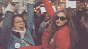 The Hadid sisters at the #NoBanNoWall protest in NYC.