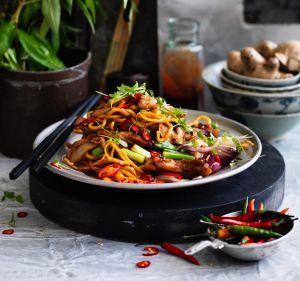 Kylie Kwong's stir-fried Hokkien noodles with chicken, chilli and coriander.