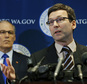 Washington Attorney General Bob Ferguson, right, talks to reporters as Gov. Jay Inslee, left, looks on, Monday, Jan. 30, 2017, in Seattle. Ferguson announced that he is suing President Donald Trump over an executive order that suspended immigration from seven countries with majority-Muslim populations and sparked nationwide protests. (AP Photo/Ted S. Warren)