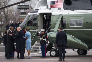 U.S. President Donald J. Trump, former U.S. President Barack Obama and their wives bid farewell to each other during the departure ceremony during at the 58th Presidential Inauguration in Washington, D.C., Jan. 20, 2017.