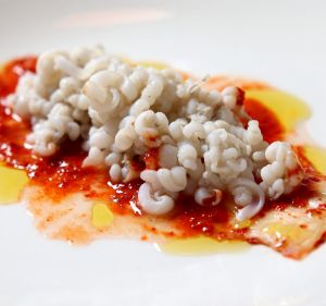 Calamari noodles, smoked bone marrow and kimchi.