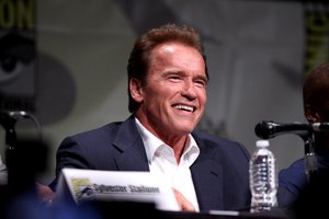 Arnold Schwarzenegger speaking at the 2012 San Diego Comic-Con International in San Diego, California.