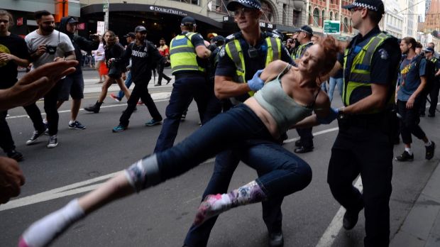 Two people were arrested as police moved to remove the homeless people from Flinders Street.