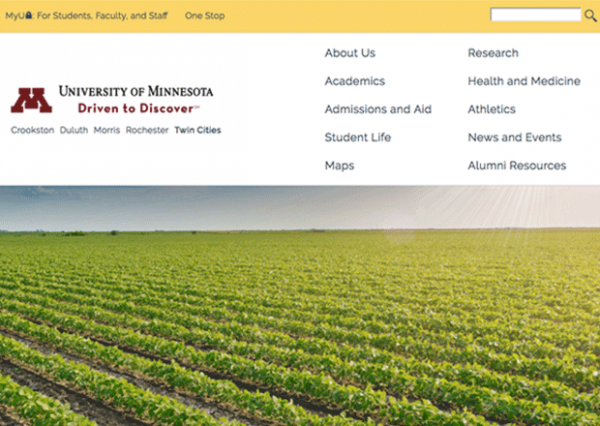 Screenshot of homepage at umn.edu