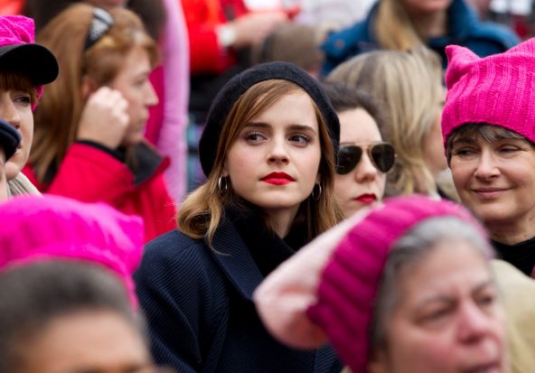 Actress Emma Watson sat with the crowd during the Women's March on Washington, she is vocal on women's issues and ...