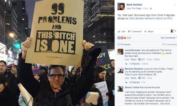 Mark Ruffalo attending the Women's March on NYC on the weekend of Trump's inauguration.