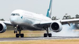 The Cathay Pacific A350 arrives in Melbourne for the first time.