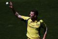 Josh Hazlewood gets ready to bowl against New Zealand.