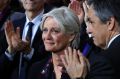 Penelope Fillon, wife of conservative presidential candidate Francois Fillon, right, reacts during a campaign meeting in ...
