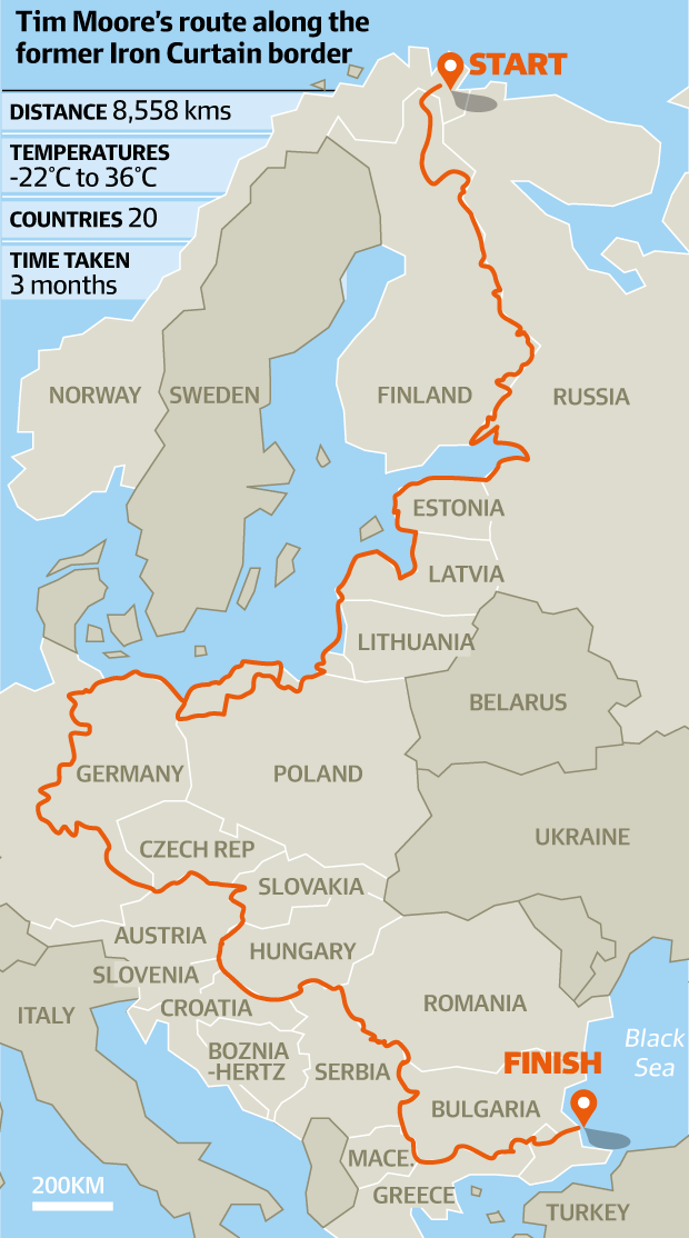  Tim Moore's route down the Iron Curtain Trail which travels from northern Finland along the borders of the former ...