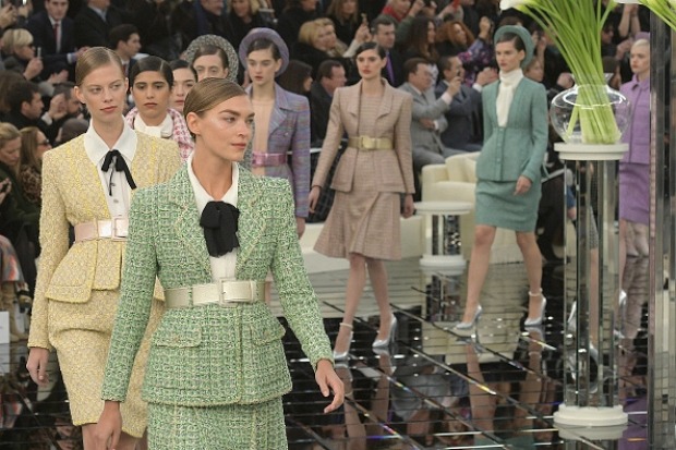  Pretty pastels juxtaposed with highly structured silhouettes at the Chanel show.