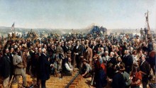 A painting of laying the last railroad spike on the Union Pacific Railroad