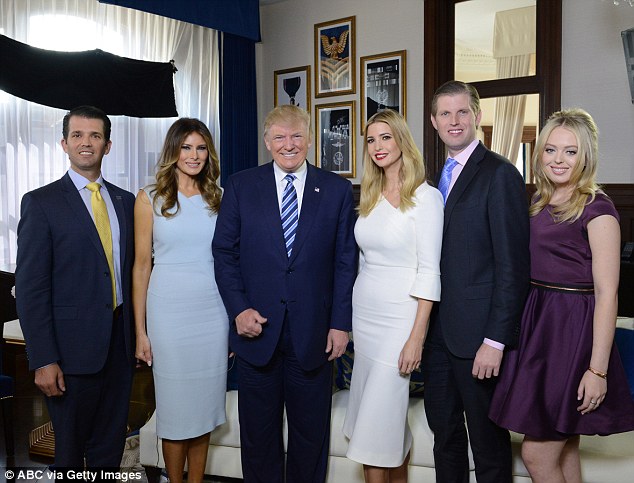 Family affair: Should Melania stay in new York City it would make Ivanka the one family member in DC with her father  (l to r: Donald Jr., Melania, President Trump, Ivanka, Eric and Tiffany)